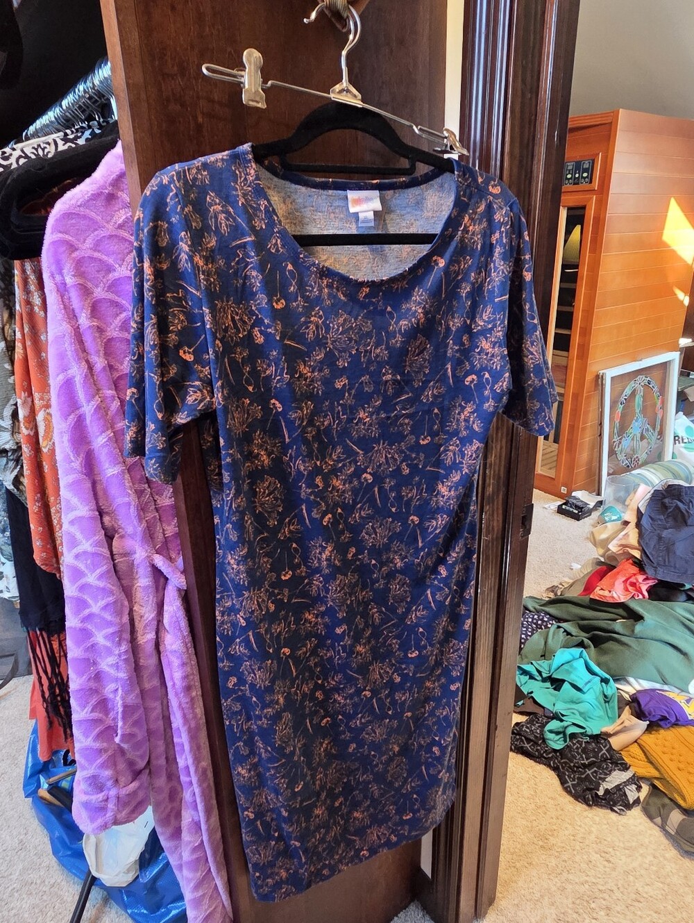LuLaRoe CL Julia Navy Blue Midi Dress with Copper Floral Print